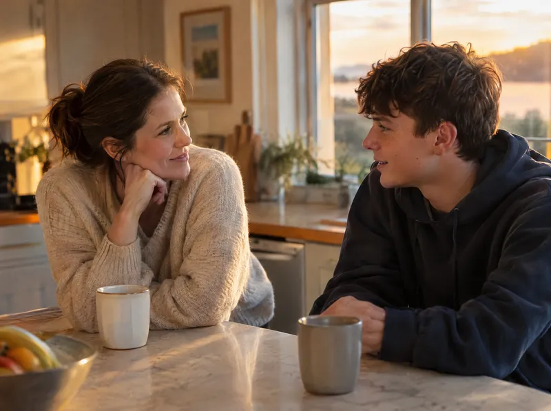 A parent and teenager talking at a kitchen counter