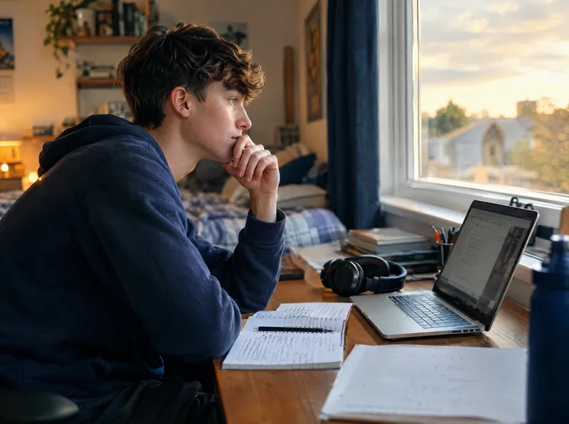 A teenager studying at a bedroom desk