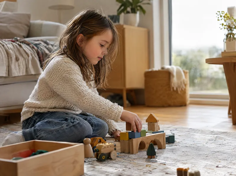 A young child playing with wooden toys on a rug