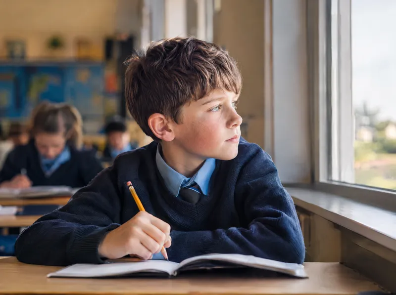 A primary-school child at a desk looking out of a window