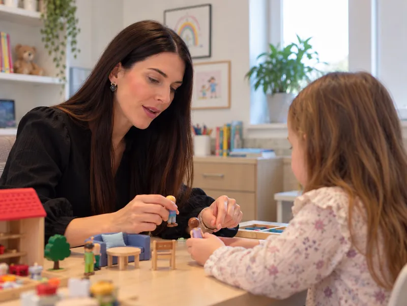 Dr Laura Bond playing with toy figures and a dolls’ house with a young child