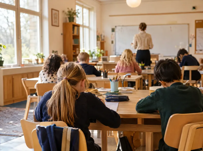 A primary classroom seen from the back of the room