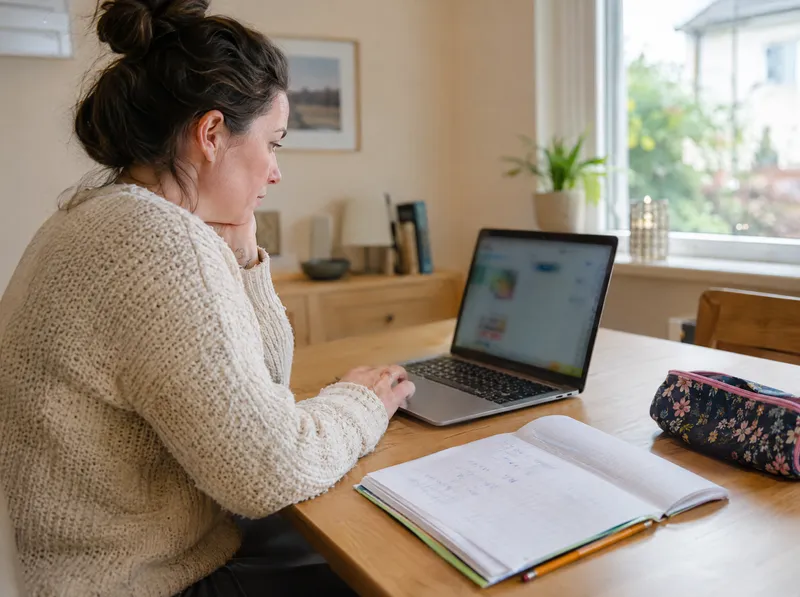 A parent at a desk with a laptop and a child’s school book