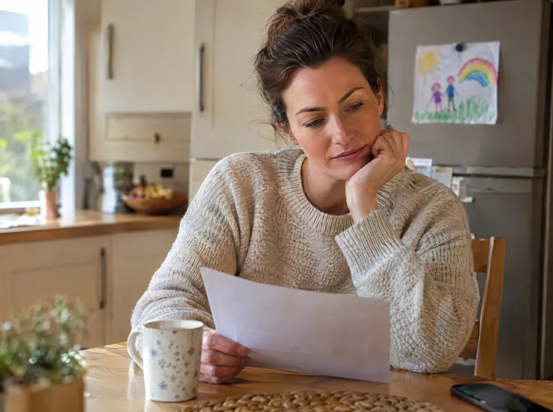 A parent reading a printed report at a kitchen table